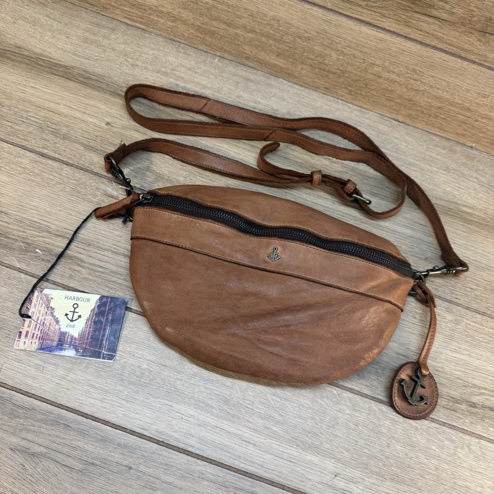 Harbour 2nd‎ Leather Crossbody Bag Cognac w Long Strap and Hang Logo Charm New